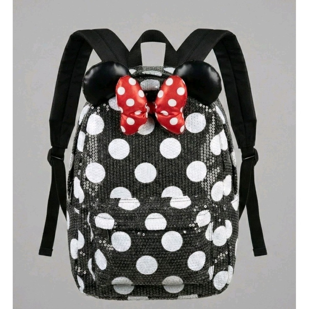 Disney Parks Minnie Mouse Sequin Backpack‎ Black White Polka Dot Red Bow Ears